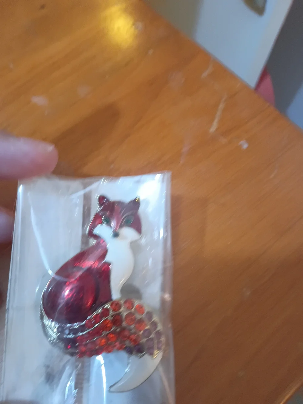 Red and White Fox Pin with Orange and Purple Crystal Tail - Unbranded